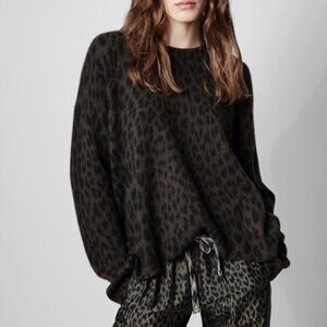 NWT $498 ZADIG & VOLTAIRE Markus Leopard Cashmere Sweater KHAKI SIZE XS